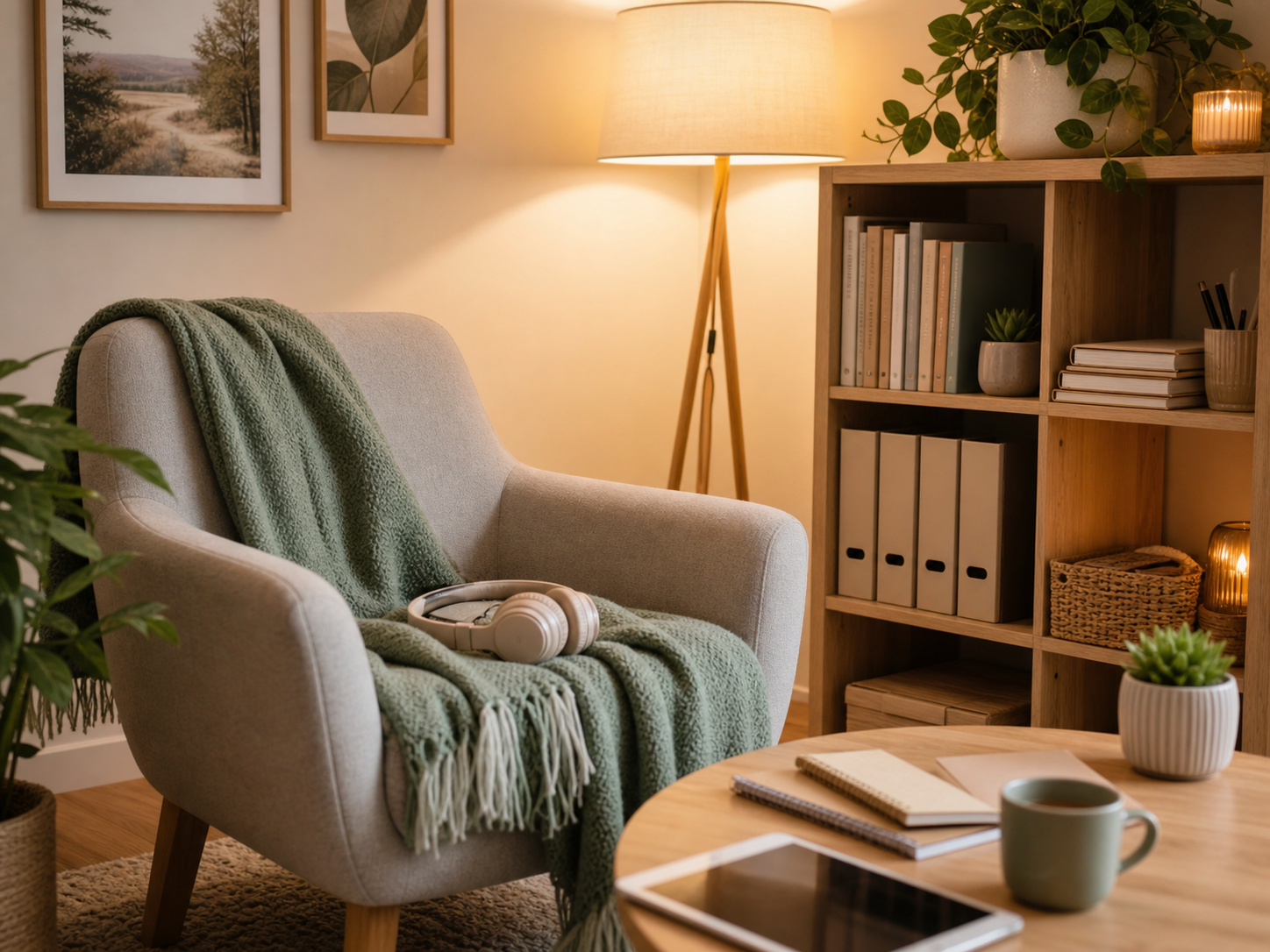 Rincón cálido con sillón, estantería, cuadernos, tablet y recursos de acompañamiento